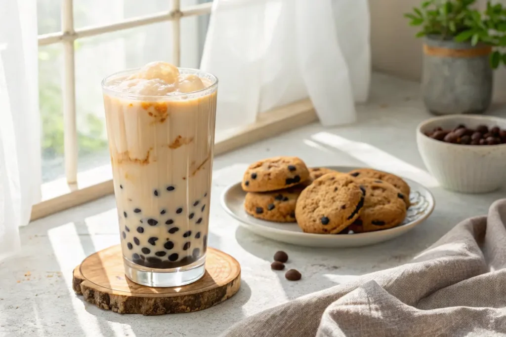 Taro Milk Tea – How to Make This Creamy, Colorful Classic at Home 7 Iced taro milk tea with boba served with cookies