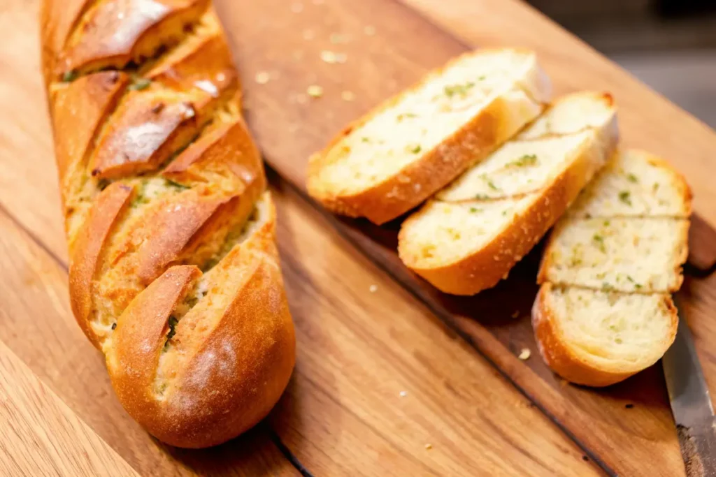 Golden air fryer garlic bread sliced and served on wooden board