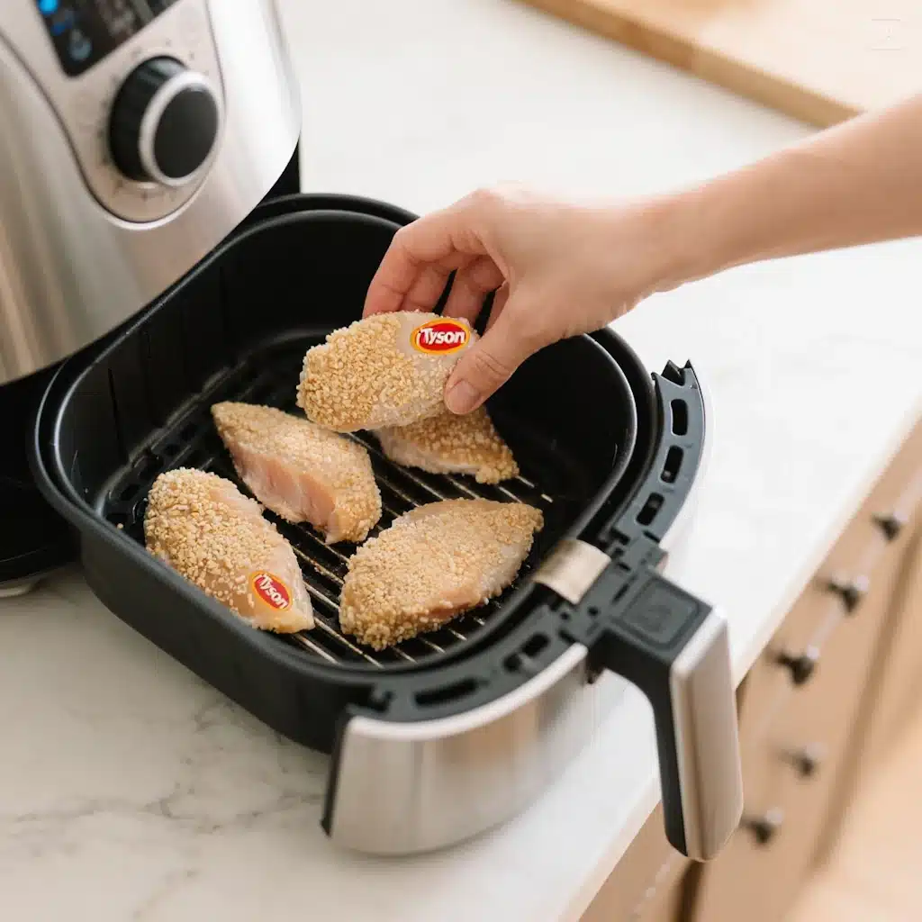 Tyson Panko Chicken Breast Air Fryer: The Ultimate Guide to Crispy, Juicy Perfection 6 Hand placing frozen Tyson Panko Chicken Breasts into an air fryer basket for cooking.