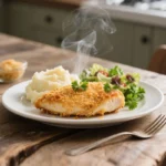 Tyson Panko Chicken Breast Air Fryer recipe plated with crispy golden chicken, creamy mashed potatoes, and fresh salad on a rustic wooden table.