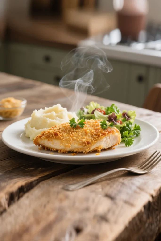 Tyson Panko Chicken Breast Air Fryer recipe plated with crispy golden chicken, creamy mashed potatoes, and fresh salad on a rustic wooden table.