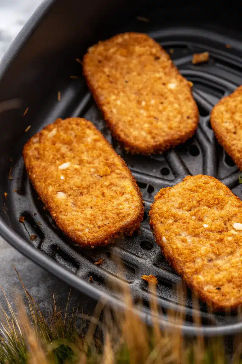 crispy golden hash brown patties in air fryer basket