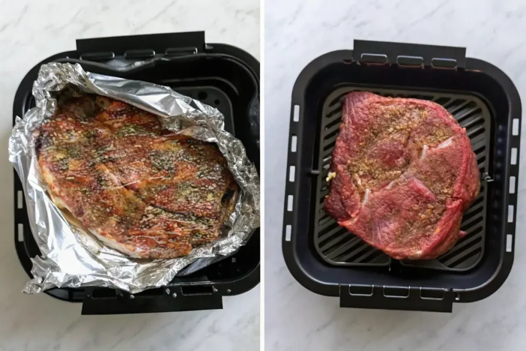 Air fryer chuck roast seasoned and placed in the air fryer basket, shown before and after cooking