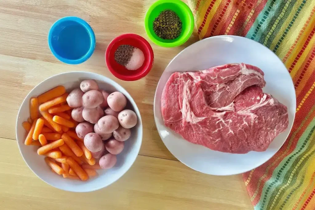 Air fryer chuck roast ingredients including raw chuck roast, baby potatoes, baby carrots, and seasonings