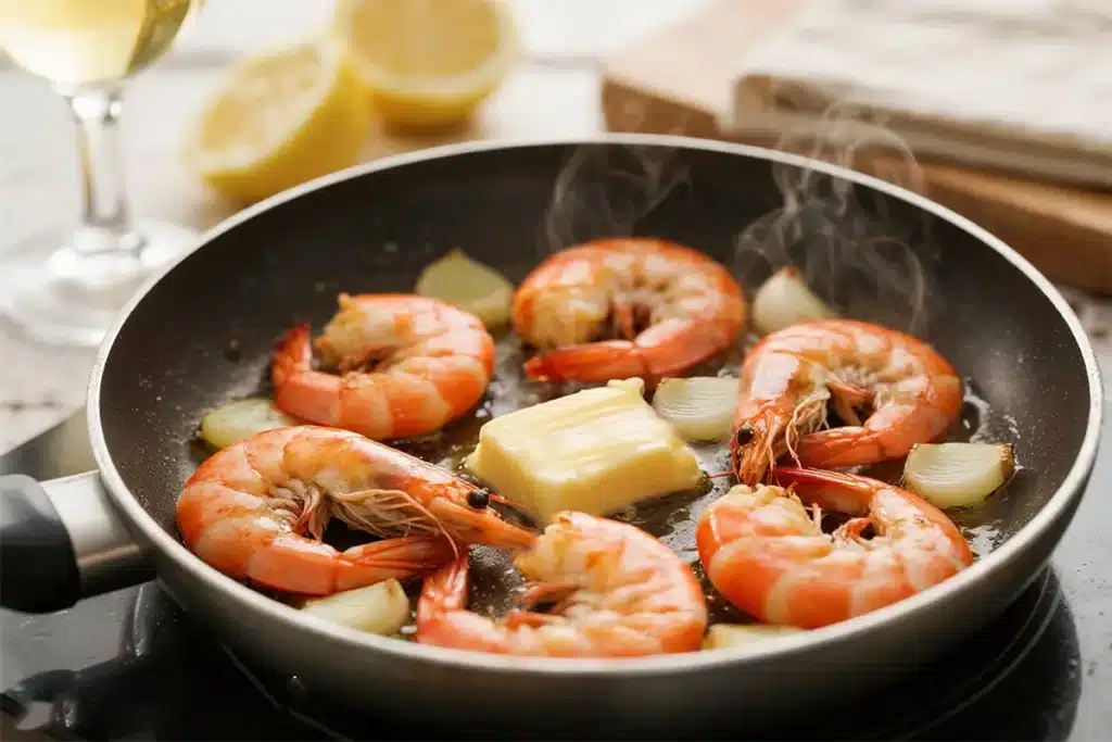 Argentine red shrimp taste while cooking in butter with onions in a skillet