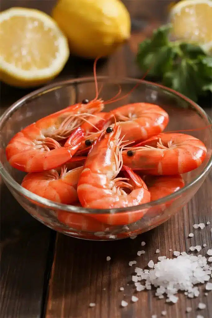 Argentine Red Shrimp Taste with raw ruby-red shrimp in a glass bowl
