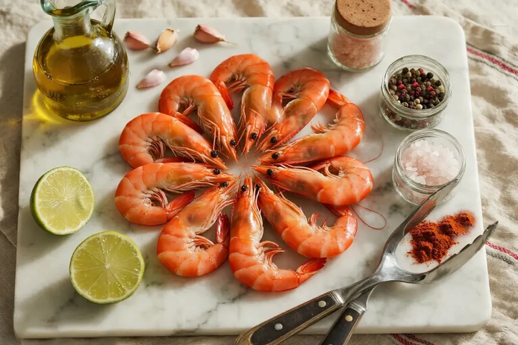 Argentine Red Shrimp Taste with fresh raw shrimp, lime, olive oil, garlic, and spices