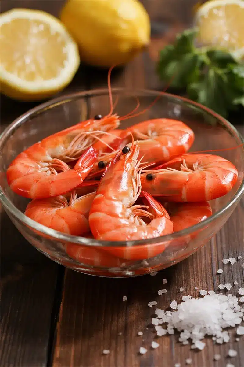 Argentine Red Shrimp Taste with raw ruby-red shrimp in a glass bowl