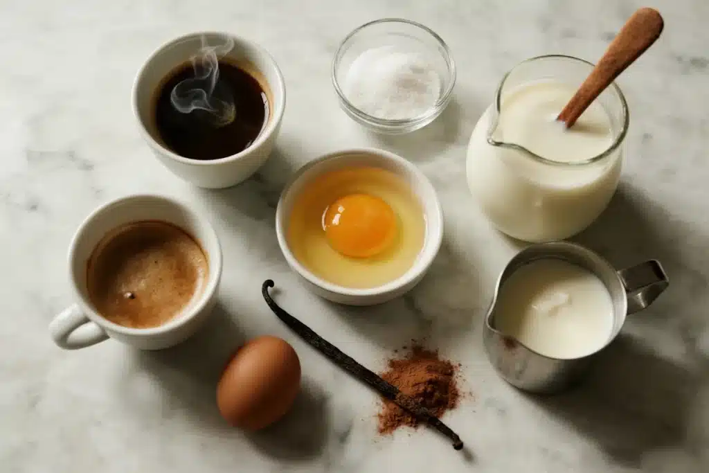 Ingredients for coffee budino: espresso, egg yolk, sugar, milk, vanilla bean, and cocoa powder arranged on a marble countertop.