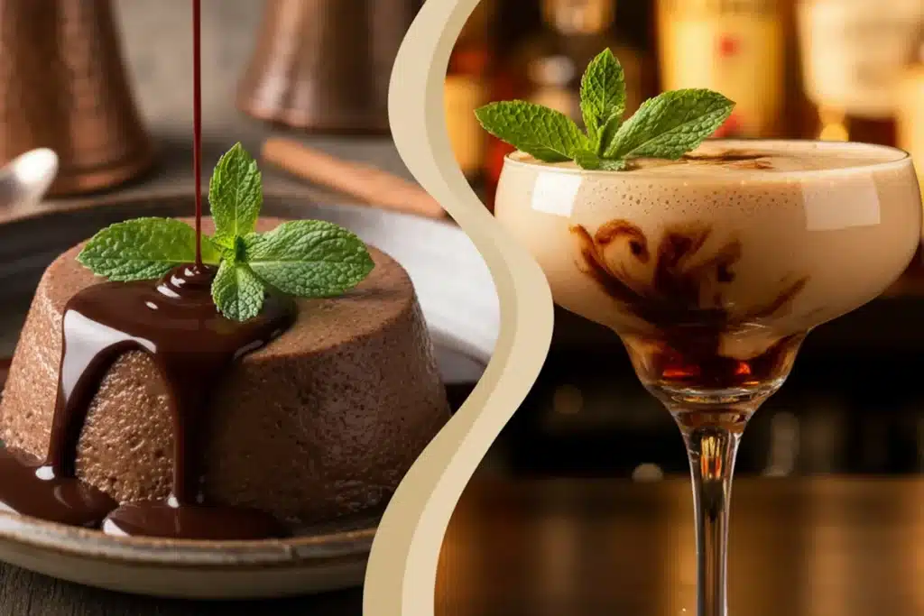 Decadent chocolate dessert with glossy ganache and fresh mint, paired with a layered coffee drink in a wine glass rich, indulgent, and ready to serve.