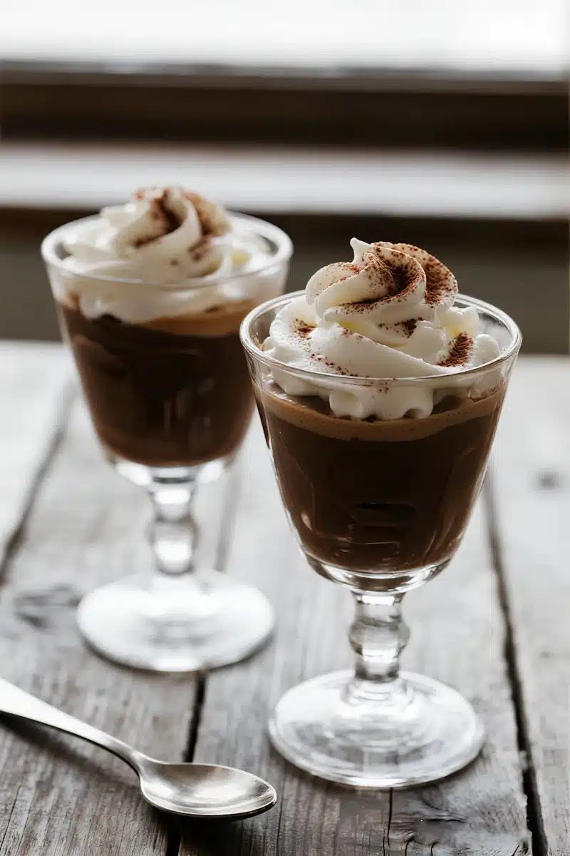 Two glasses of creamy coffee budino topped with whipped cream and cocoa powder, served on a rustic wooden table.