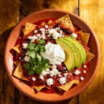 Receta de chilaquiles de guajillo: tortillas crujientes en salsa roja terrosa, con crema, queso fresco y aguacate, el sabor profundo de México en un plato.