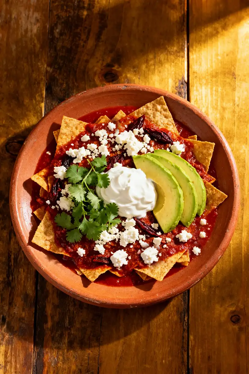 Receta de chilaquiles de guajillo: tortillas crujientes en salsa roja terrosa, con crema, queso fresco y aguacate, el sabor profundo de México en un plato.