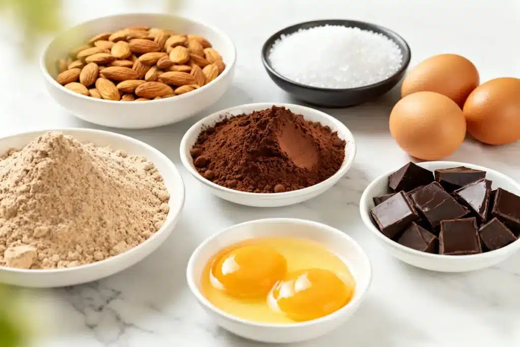 Sugar-Free Chocolate Truffle Cake That’s Rich, Moist, and Totally Guilt-Free 6 Sugar free chocolate truffle cake ingredients including almond flour, cocoa powder, erythritol, eggs, whole almonds, and dark chocolate