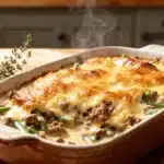Keto Ground Beef and Green Bean Casserole – Low-Carb Comfort Food with Creamy Cheese Sauce and Crispy Topping.