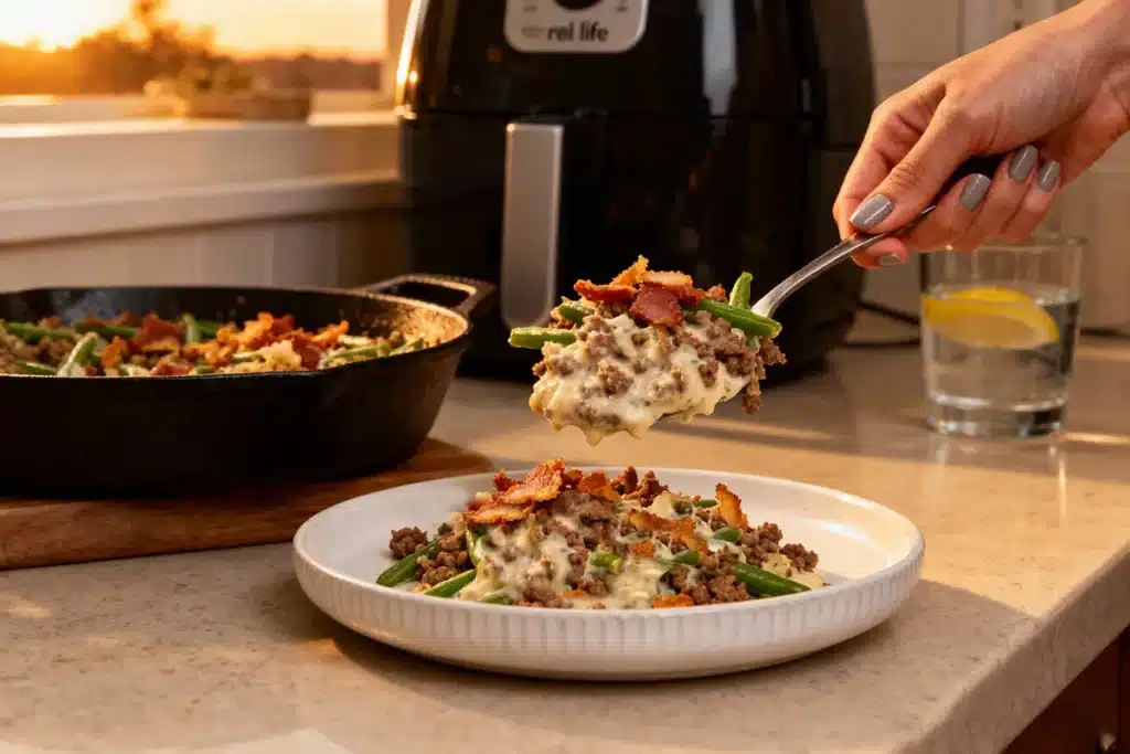 Keto Ground Beef and Green Bean Casserole: The Low-Carb Comfort Classic You Need Tonight 9 A spoonful of creamy keto ground beef and green bean casserole topped with crispy bacon, lifted from a white plate. In the background, a cast-iron skillet holds more casserole, next to a black air fryer and a glass of water with lemon, all on a kitchen counter bathed in warm sunset light.