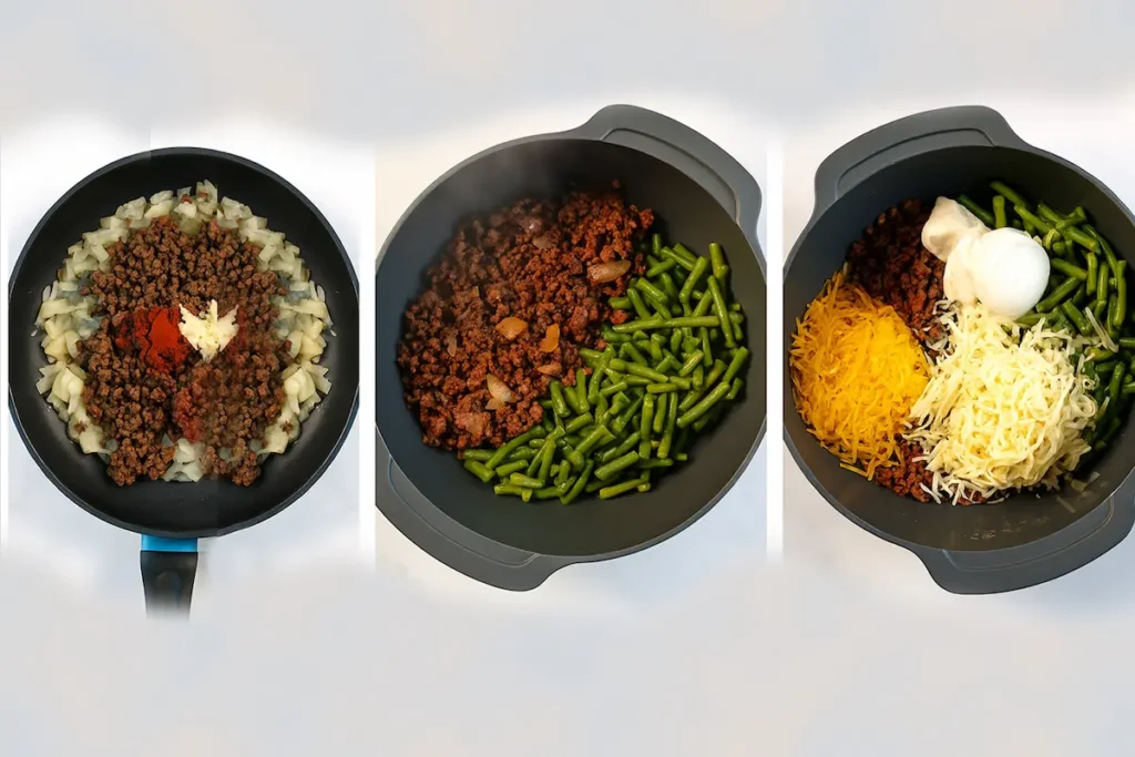 Keto Ground Beef and Green Bean Casserole: The Low-Carb Comfort Classic You Need Tonight 8 Step-by-step cooking collage of Keto Ground Beef and Green Bean Casserole showing ground beef sautéed with onions, green beans added to the pan, and a final mix with cheese and cream for a rich, creamy low-carb dish.
