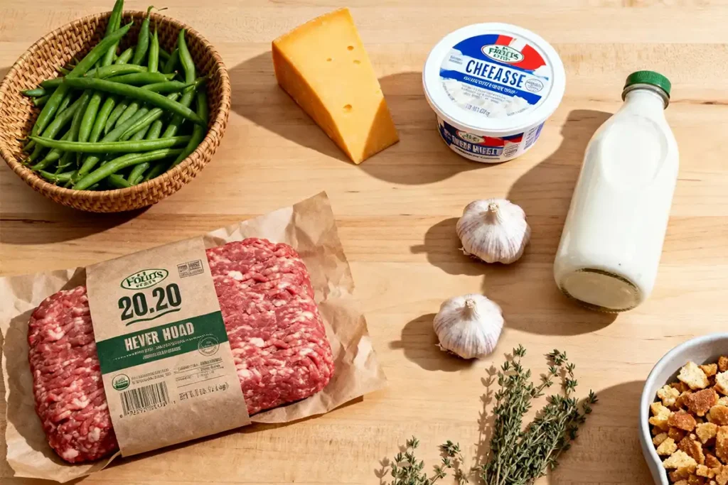Keto Ground Beef and Green Bean Casserole: The Low-Carb Comfort Classic You Need Tonight 7 A collection of fresh ingredients for cooking laid out on a wooden surface, including a package of ground beef, a basket of green beans, a wedge of cheese, a container of cottage cheese, a bottle of milk, two garlic bulbs, sprigs of thyme, and a bowl of croutons.