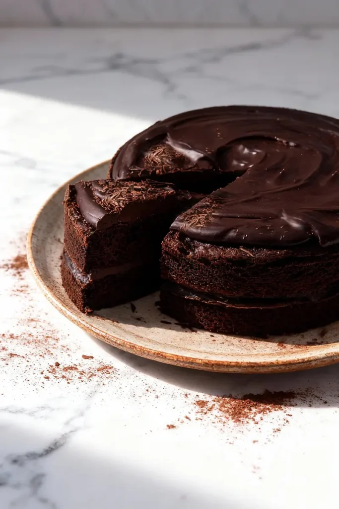 sugarless chocolate truffle cake on a rustic ceramic plate with a clean slice revealing its fudgy interior
