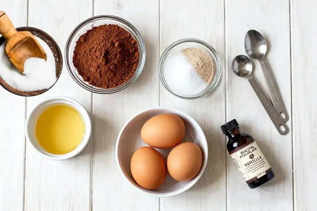 Key ingredients for sugarless chocolate truffle cake: Dutch-processed cocoa, erythritol-monk fruit sweetener, eggs, melted butter, and vanilla on wood