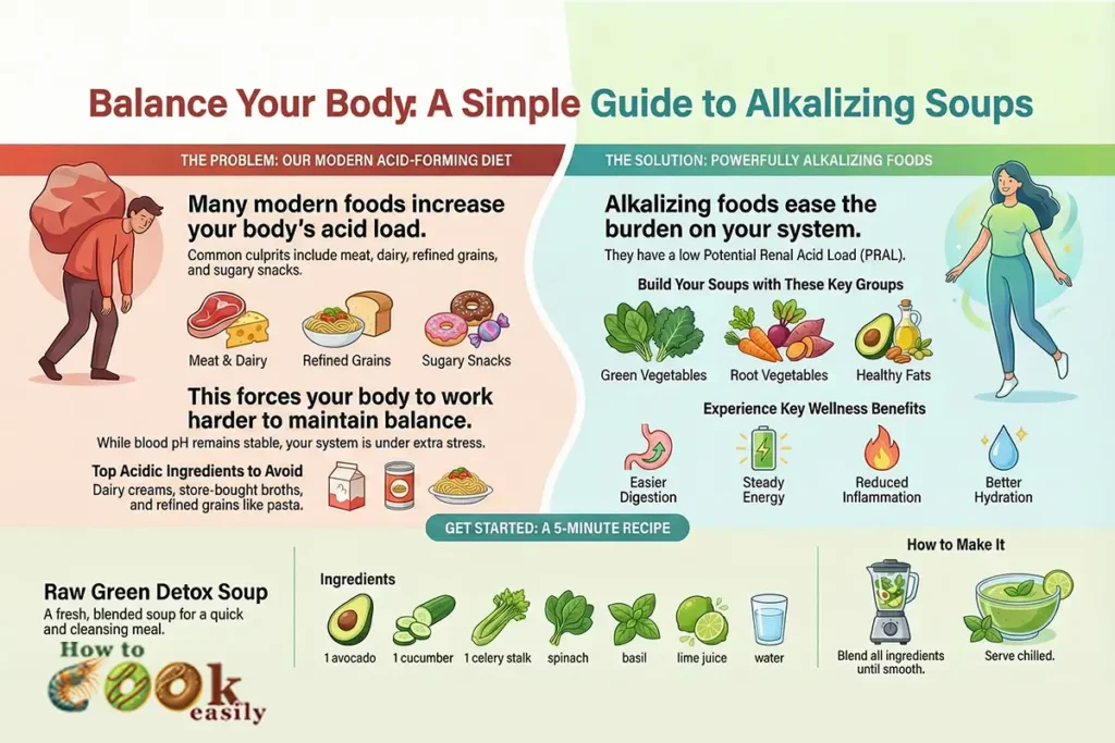 Alkalizing Soup Recipes: 7 Simple and Powerful Recipes to Balance Your pH and Energy 6 Alkalizing soup guide infographic with ingredients, benefits, and recipe steps