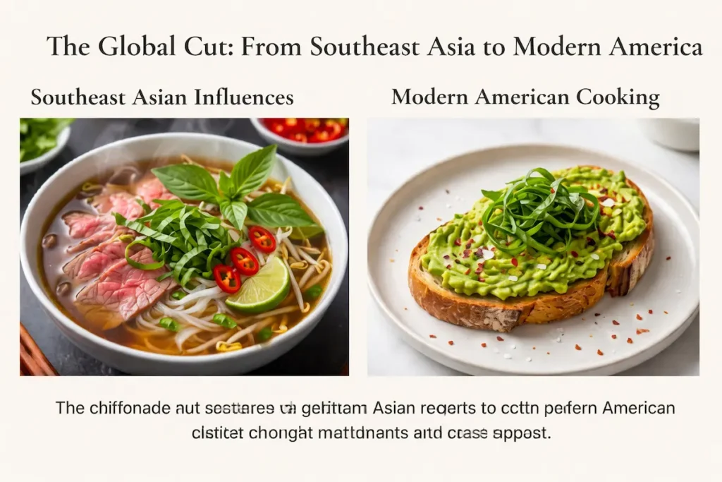 Global examples of Basil Chiffonade used in Southeast Asian soup and modern American avocado toast
