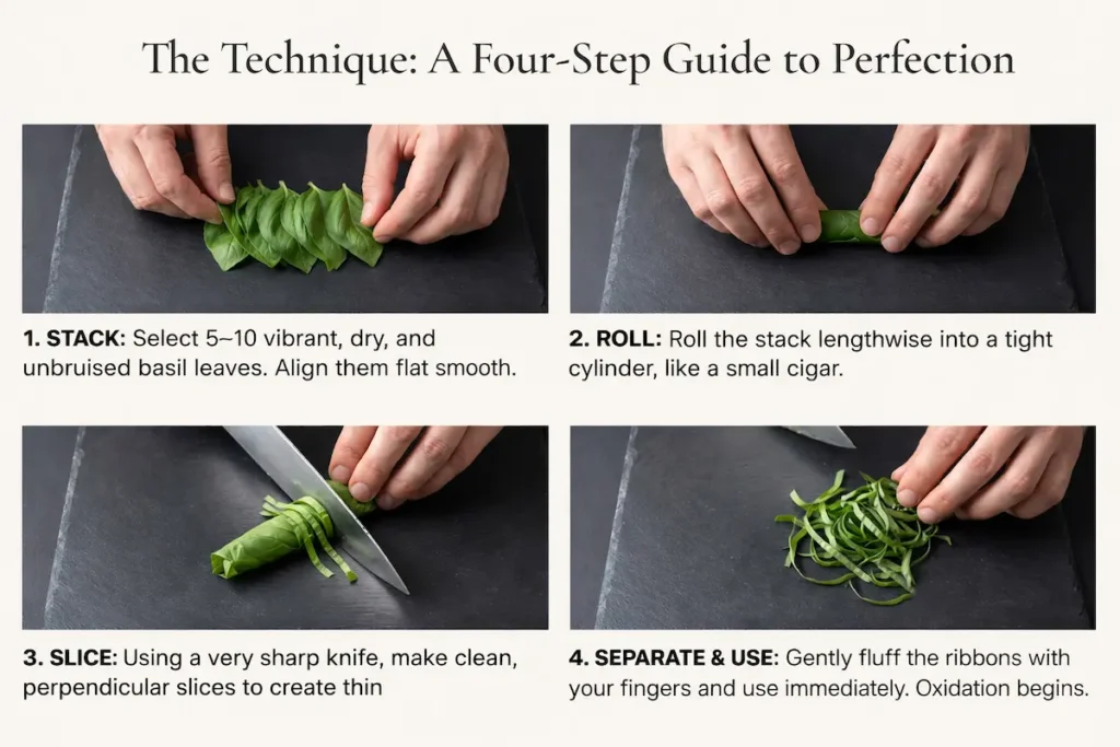 Four-step Basil Chiffonade technique showing stacking, rolling, slicing, and separating fresh basil leaves