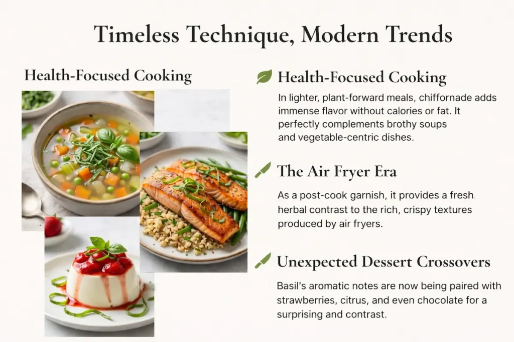 Basil Chiffonade used in health-focused cooking, air fryer meals, and modern dessert presentations