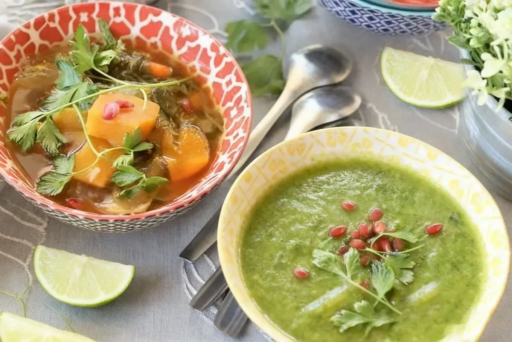 Alkalizing Soup Recipes: 7 Simple and Powerful Recipes to Balance Your pH and Energy 9 Alkalizing soups served with lime and herbs in colorful bowls