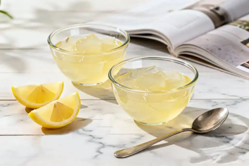 lemon gelatin weight loss dessert served in glass bowls
